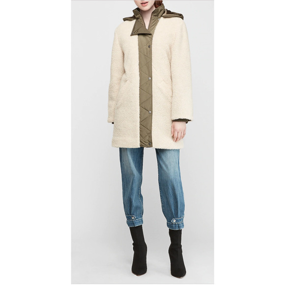 NWT~ EXPRESS Sherpa Faux Fur‎ Hooded Teddy Coat Jacket Parka XS - Picture 1 of 7
